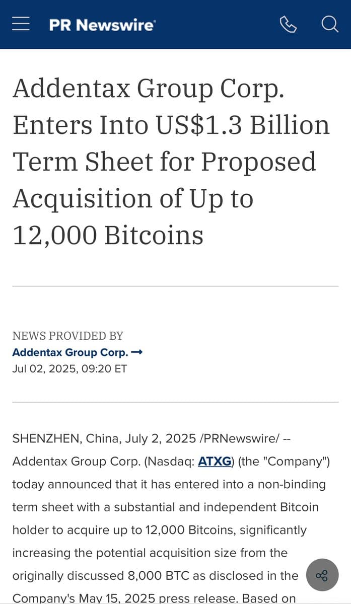Addentax Plans $1.3 Billion Bitcoin Deal Despite Tiny Market Cap