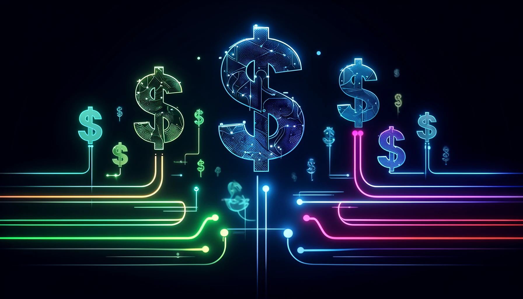 stylized dollar signs and digital arrows, all glowing in vibrant neon colors against a dark background