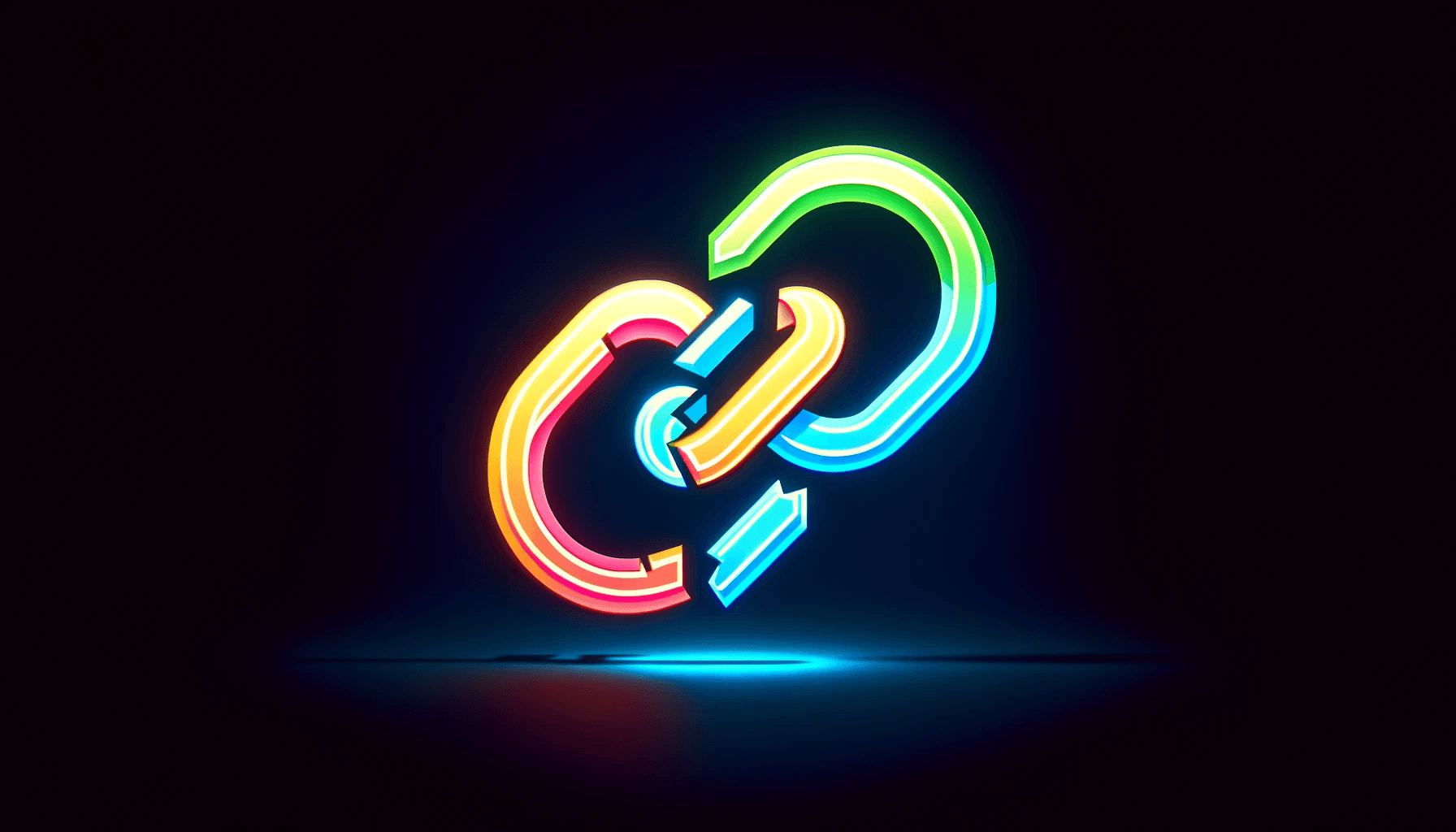 highly simplified depiction of a broken link icon, symbolizing a malfunctioning website, highlighted in neon colors against a dark background.