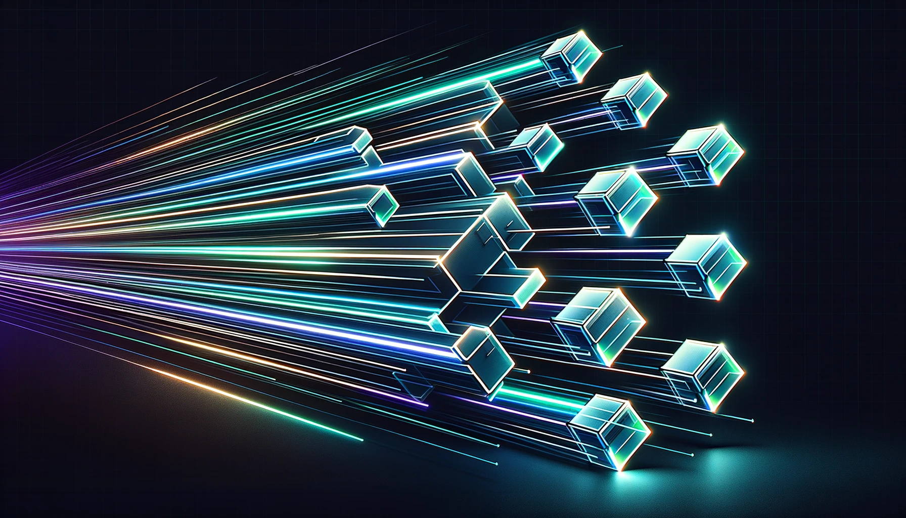 interconnected blocks forming a chain, with motion lines and streaks to symbolize speed
