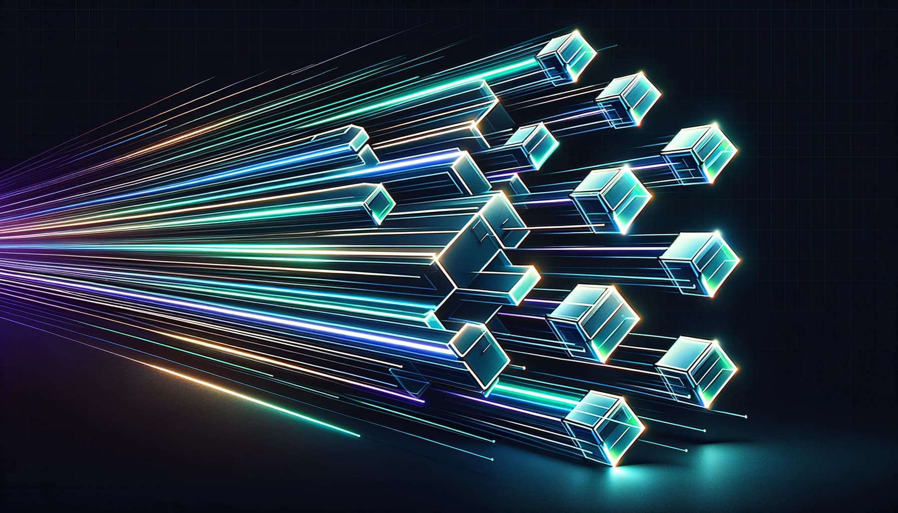 interconnected blocks forming a chain, with motion lines and streaks to symbolize speed