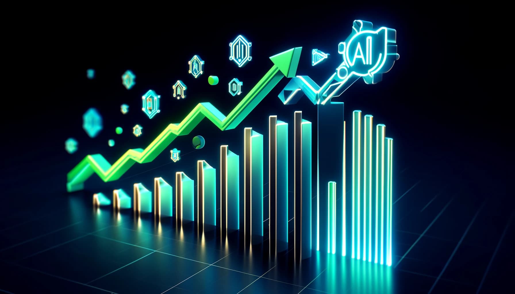 upward-trending arrows and rising bar graphs, glowing in neon colors against a dark background