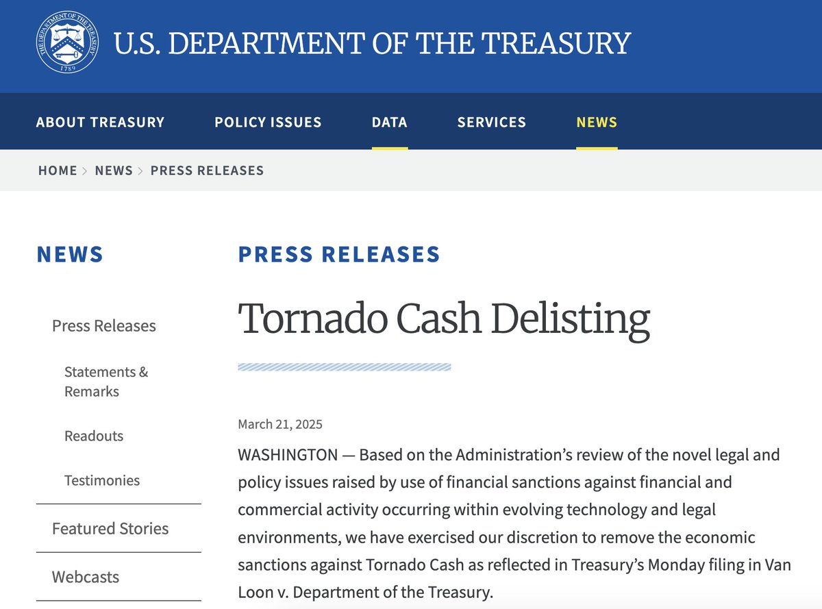 U.S. Treasury Removes Sanctions Against Tornado Cash Cryptocurrency Mixer