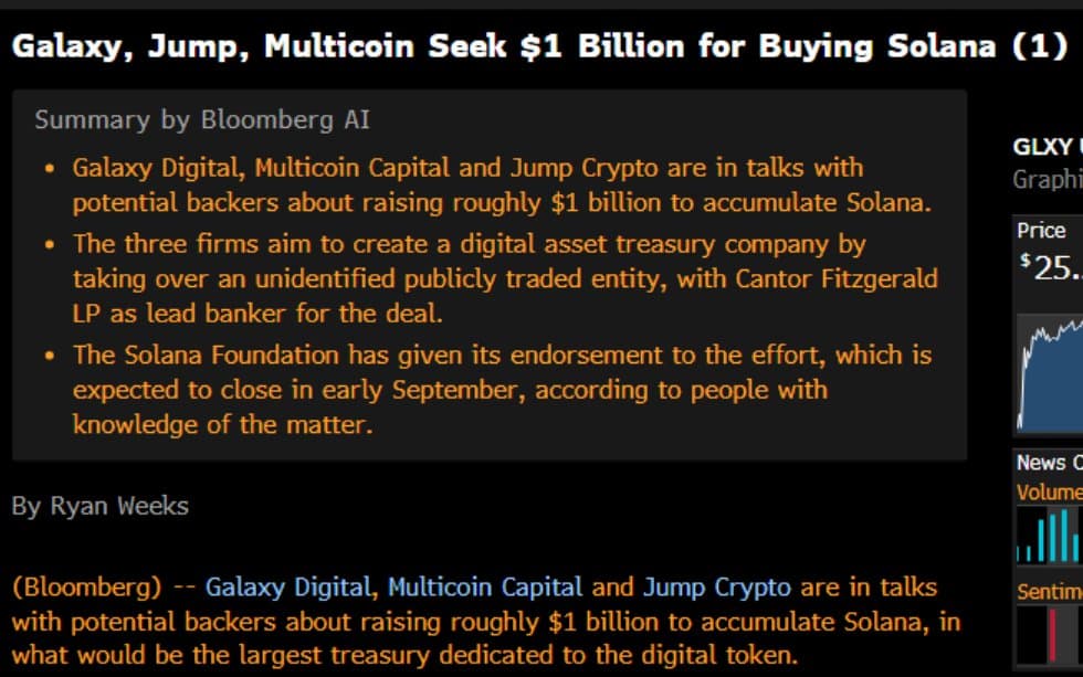 Galaxy, Jump, Multicoin Pursue $1 Billion Solana Treasury