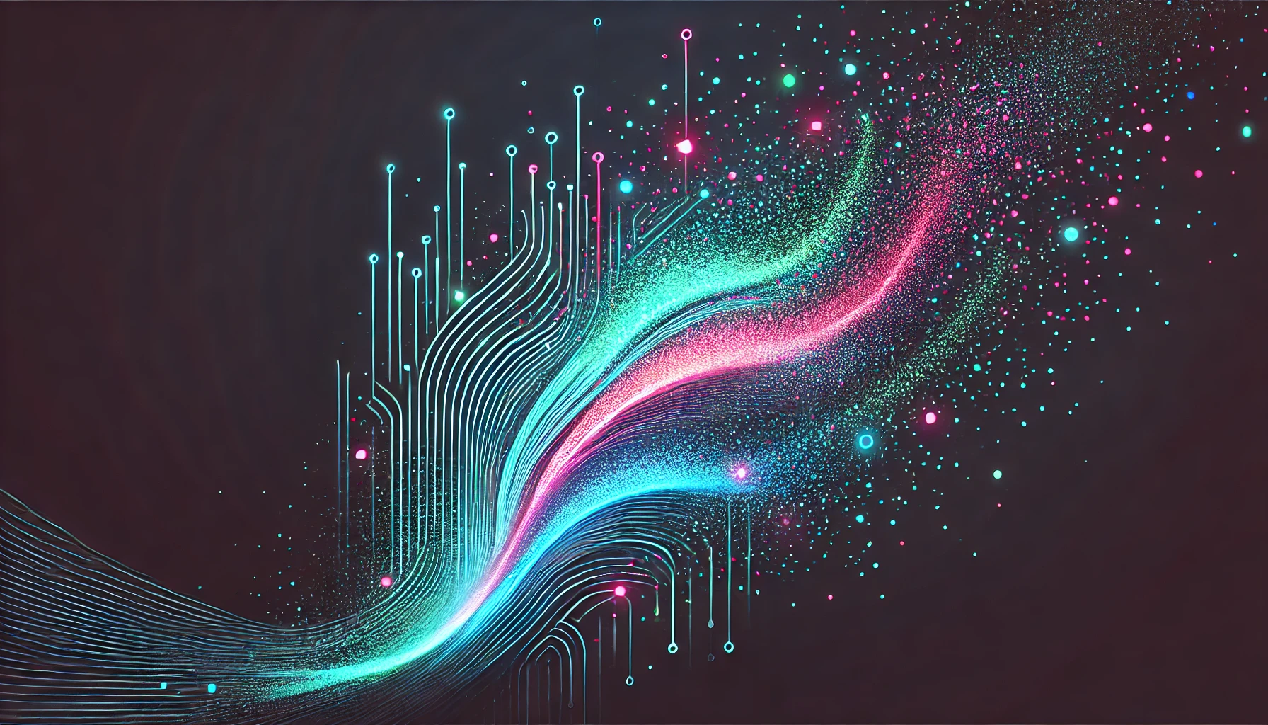 powder being sprinkled, featuring stylized particles glowing in neon colors.