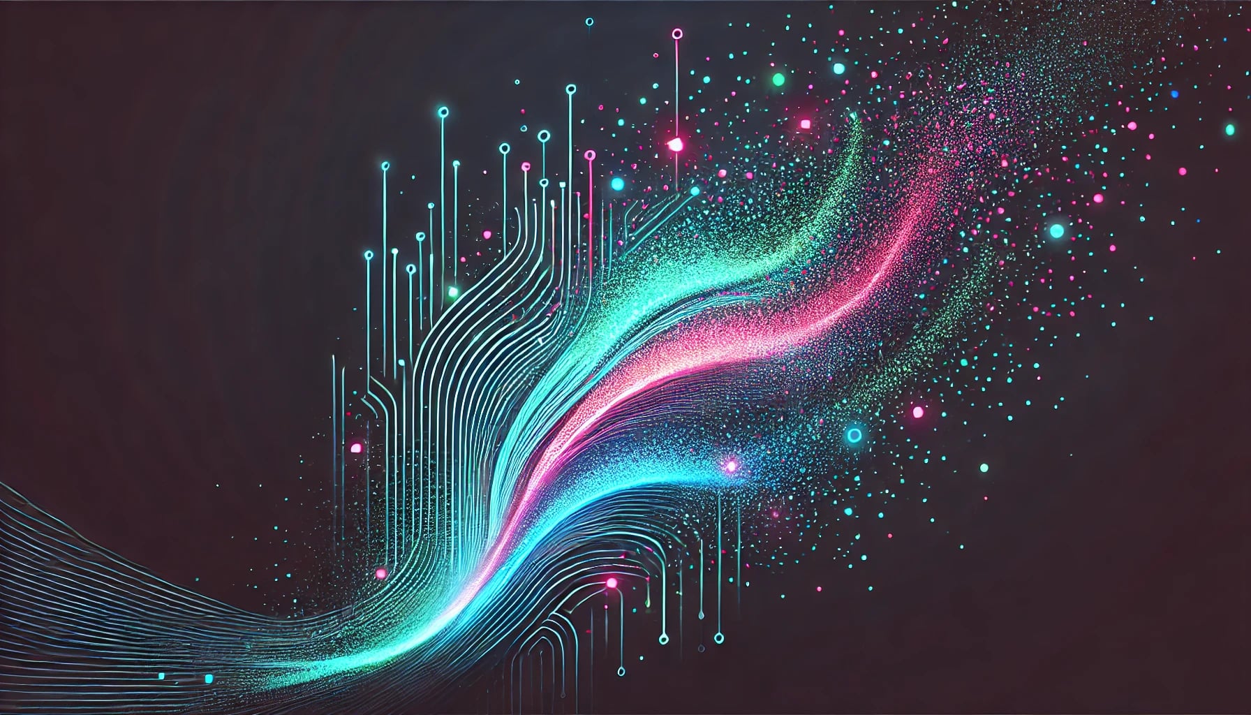 powder being sprinkled, featuring stylized particles glowing in neon colors.
