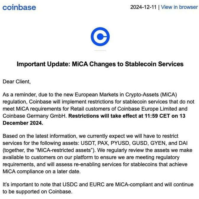 Coinbase to Restrict European Users from Trading USDT, GUSD, GYEN, DAI, PAX, and PYUSD Starting December 13, 2024