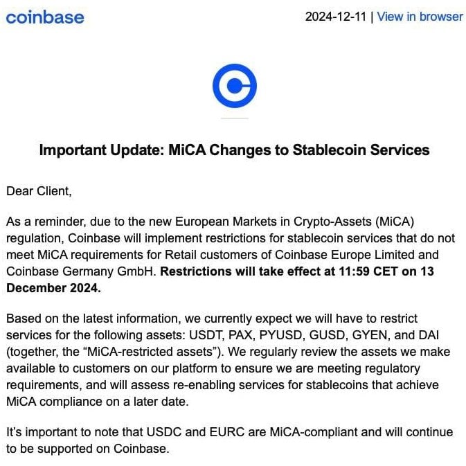 Coinbase to Restrict European Users from Trading USDT, GUSD, GYEN, DAI, PAX, and PYUSD Starting December 13, 2024