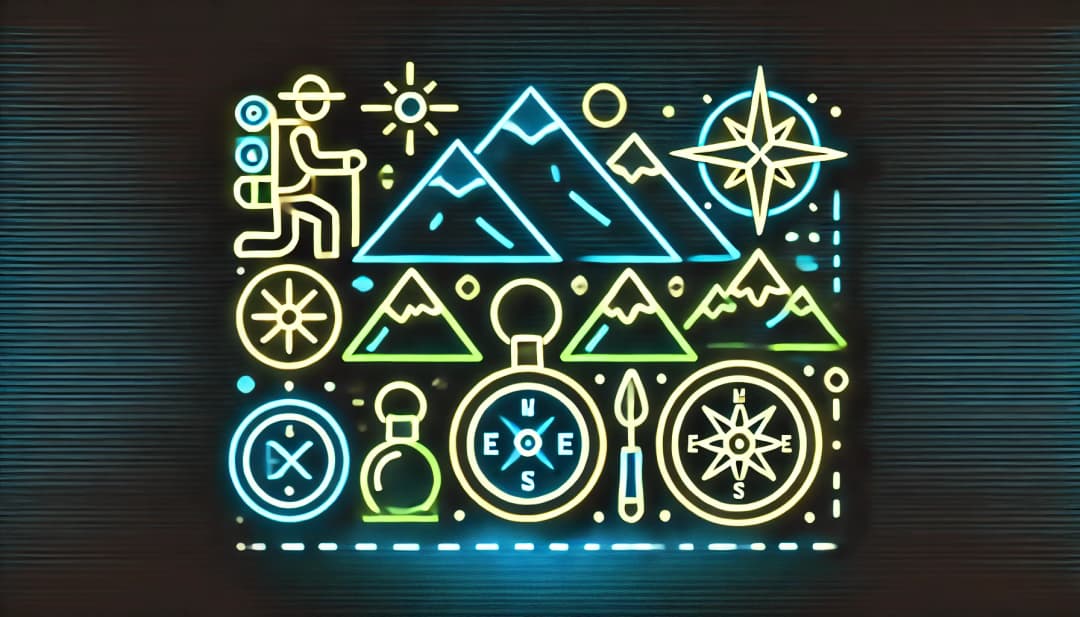 symbols of explorers, mountains, and compasses