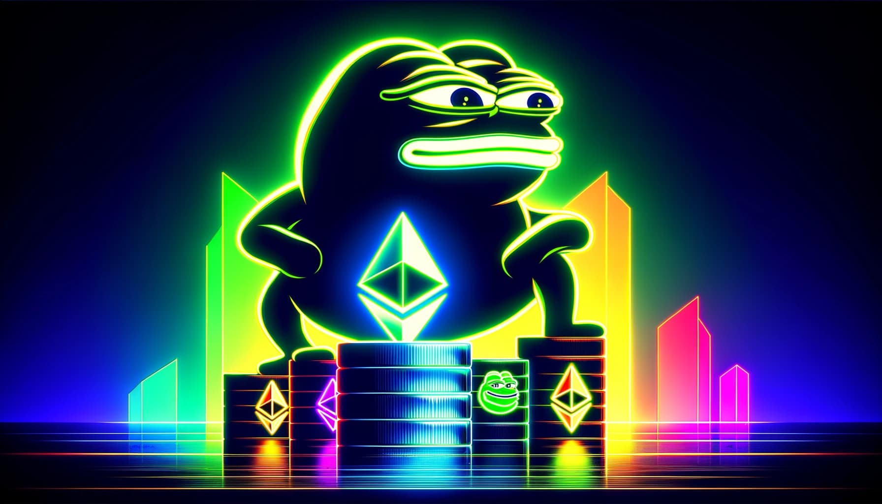 PEPE character towering over other smaller memecoin symbols