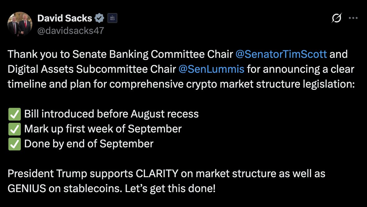 White House Backs September Crypto Framework as Stablecoin Bill Nears July Signing