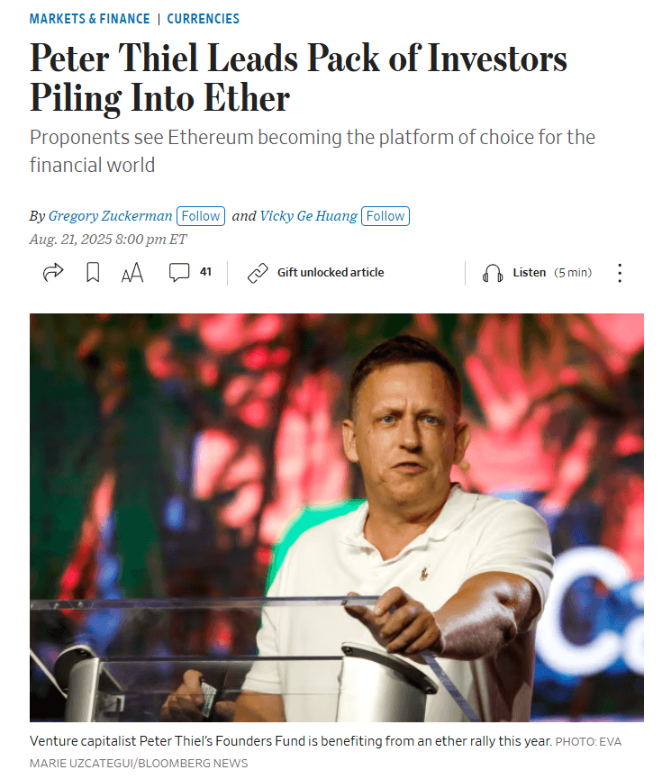 Corporate Treasuries Hold $17.6 Billion in Ethereum Led by BitMine; Peter Thiel Boosts Stakes as ETH Price Rises 20%