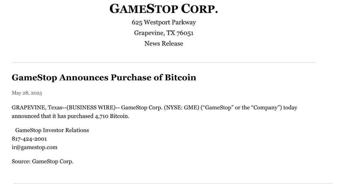 GameStop Buys 4,710 Bitcoin Worth About $500 Million; Shares Gain 6% Pre-Market