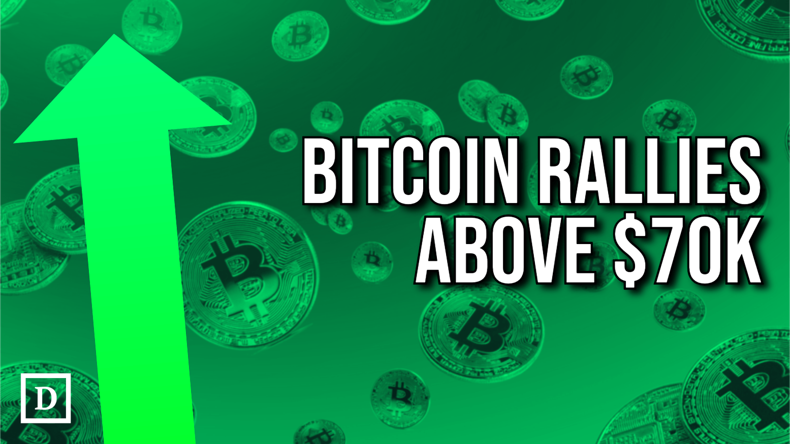 bitcoins floating with text