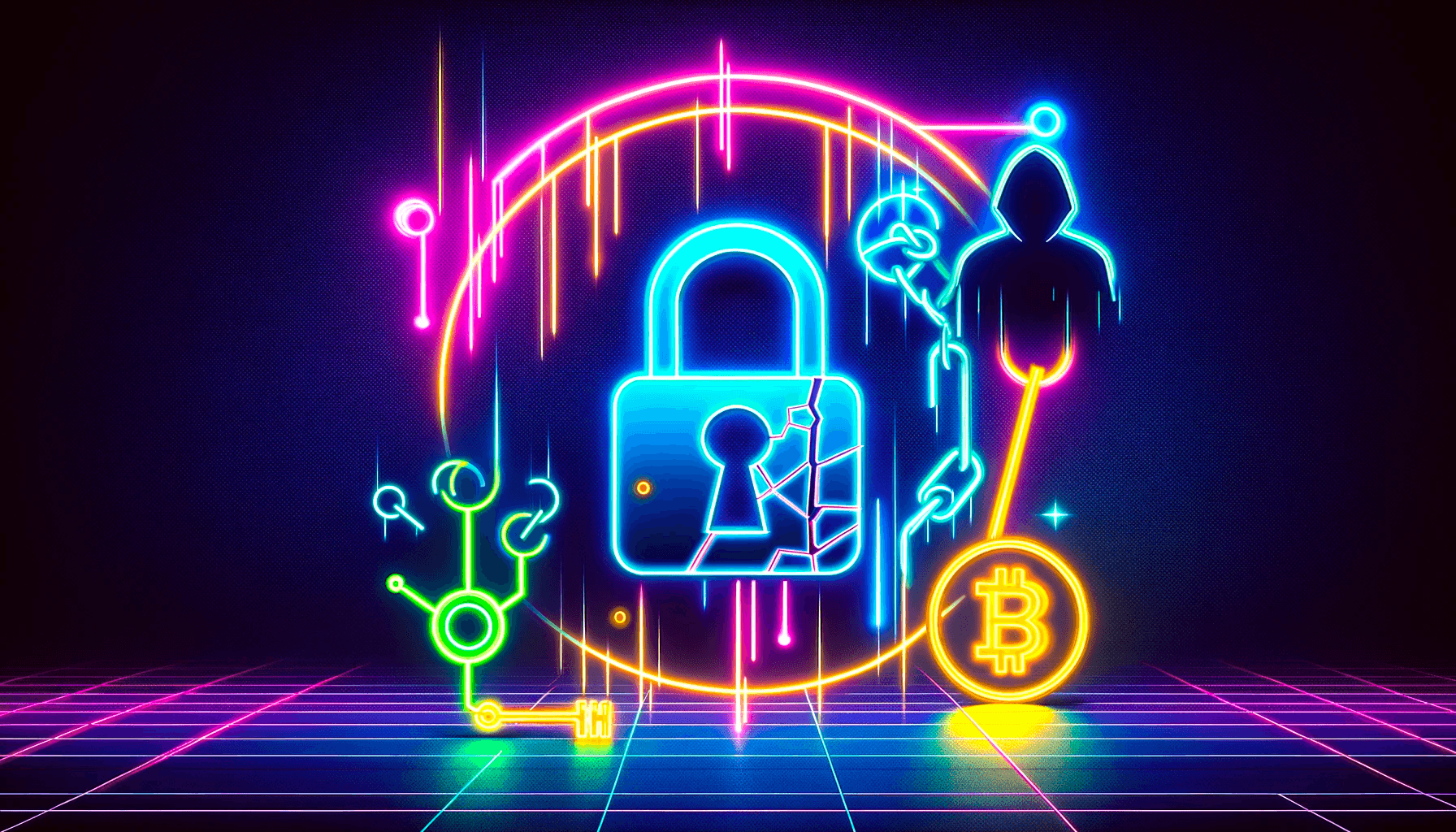 image depicting the risks and exploits of blockchain decentralized applications (dApps) in a minimalistic style with neon colors