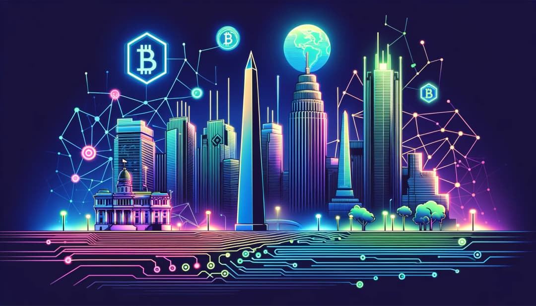 stylized representations of iconic landmarks intertwined with abstract blockchain symbols