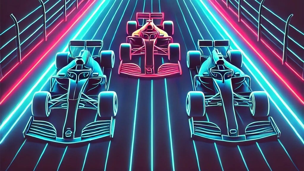three race cars with neon colors