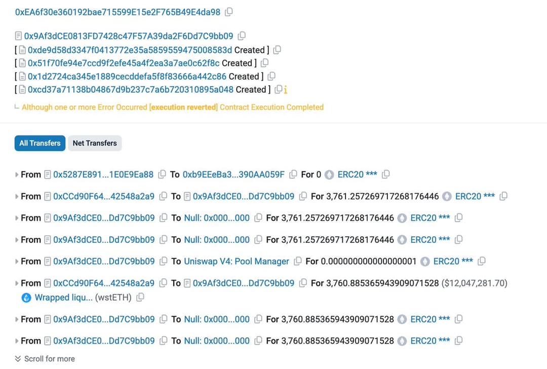 Cork Protocol Exploited for 3,762 wstETH ($12M), Converted to 4,530 ETH; Security Firms Detect Breach