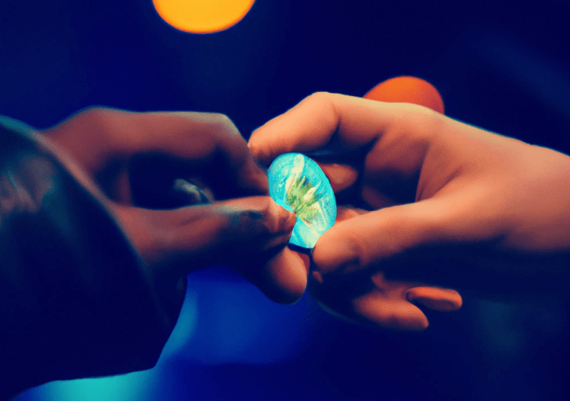 an image of two hands exchanging a coin