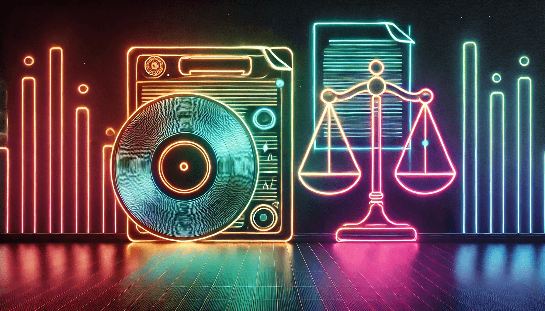 image of an old school music album and a lawsuit behind it