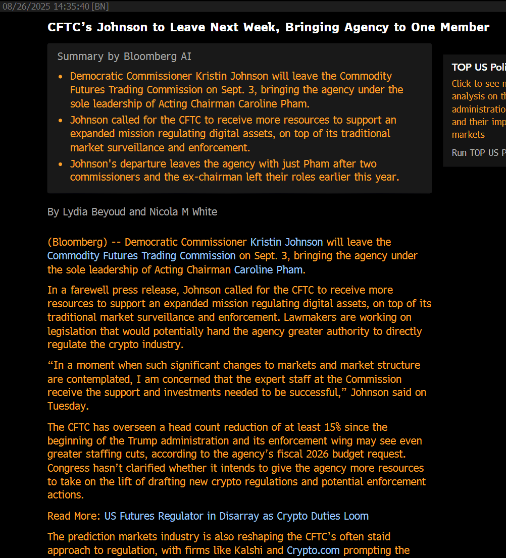 Johnson Exit Leaves CFTC Under Single-Member Leadership