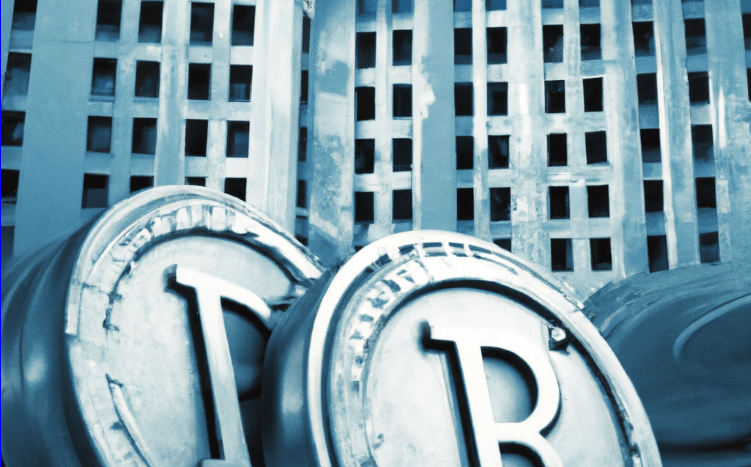 Federal Reserve building in background with coins in forefront