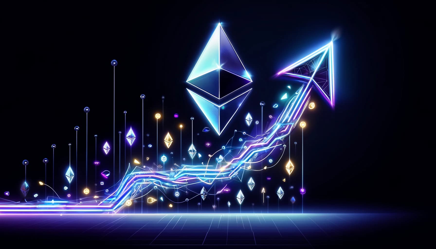 abstract symbols like Ethereum logos and network nodes, with upward-shooting lines and arrows, all glowing against a dark background