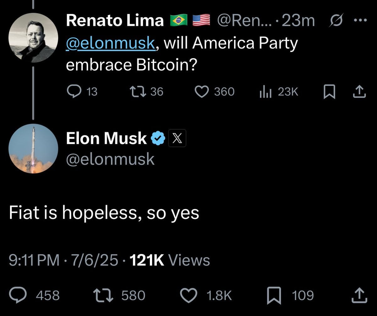 Elon Musk Says America Party Embraces Bitcoin, Calls Fiat 'Hopeless'