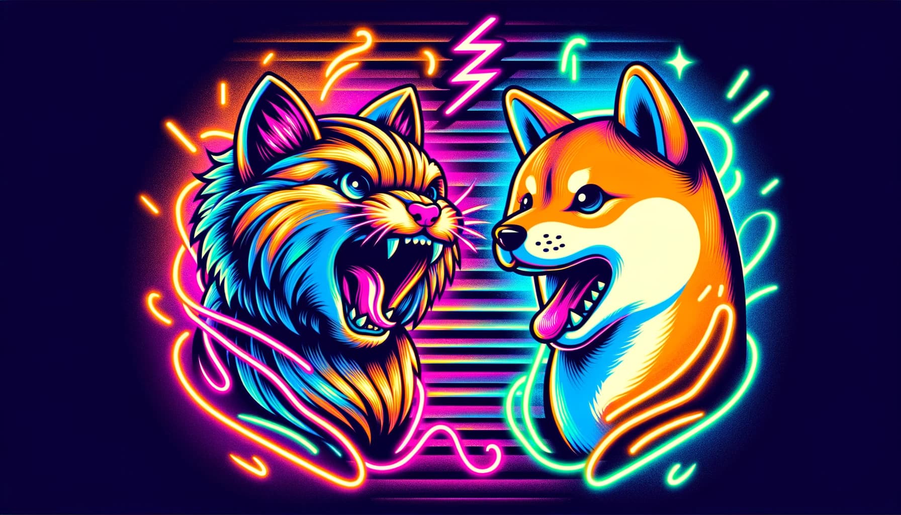 roaring kitten facing off against a dog