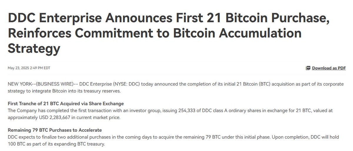 NYSE-Listed DDC Enterprise (DayDayCook) Buys 21 Bitcoin for $2.28M, Targets 5,000 BTC, Shares Drop 12%