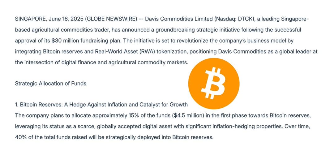 Nasdaq-Listed Davis Commodities Launches $30 Million Initiative Including $12 Million Bitcoin Purchase and Agricultural Assets Tokenization