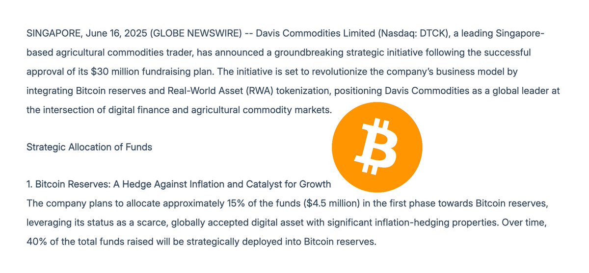 Nasdaq-Listed Davis Commodities Launches $30 Million Initiative Including $12 Million Bitcoin Purchase and Agricultural Assets Tokenization