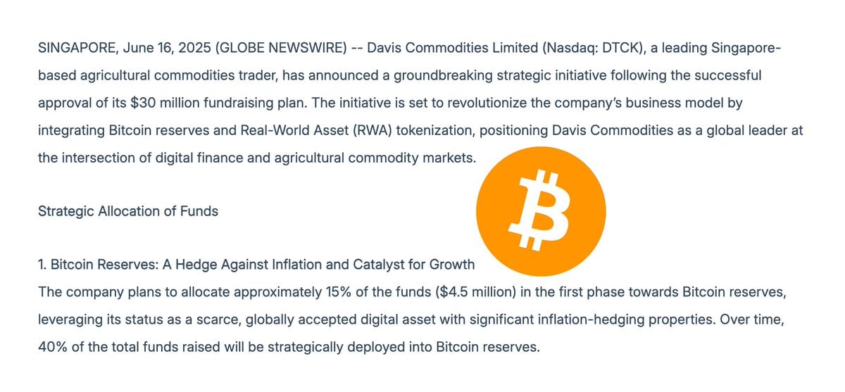 Nasdaq-Listed Davis Commodities Launches $30 Million Initiative Including $12 Million Bitcoin Purchase and Agricultural Assets Tokenization