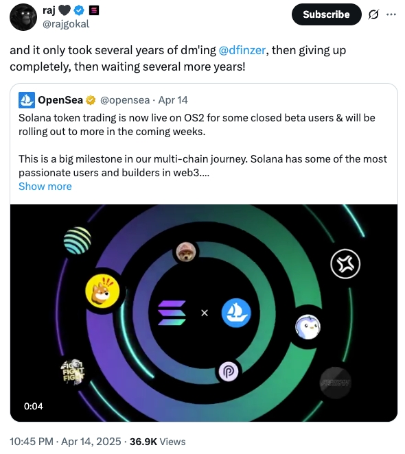 Tweet screenshot from Solana co-founder Raj Gokal