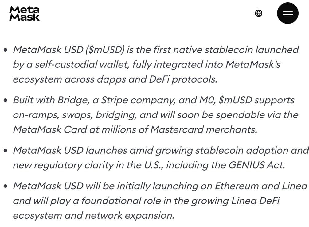MetaMask Unveils Dollar-Backed mUSD Stablecoin With Stripe Support