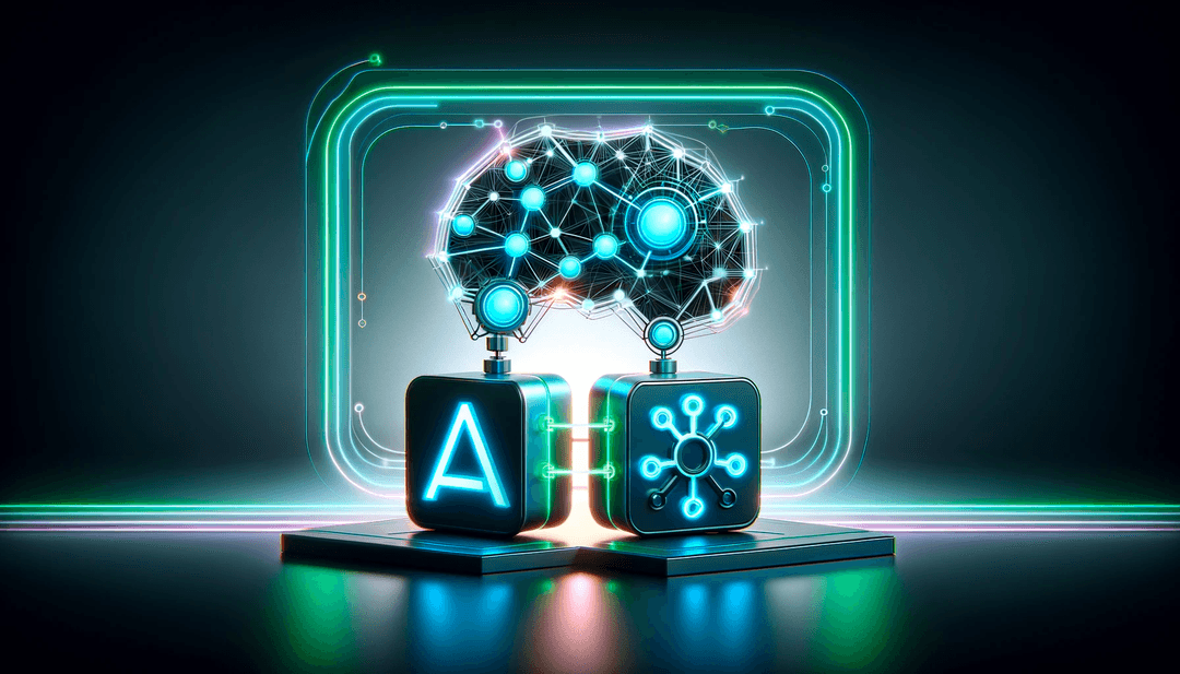 Image depicting the merger between AI and blockchain technologies in a minimalistic style with neon colors