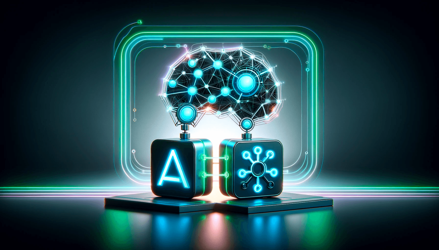 Image depicting the merger between AI and blockchain technologies in a minimalistic style with neon colors