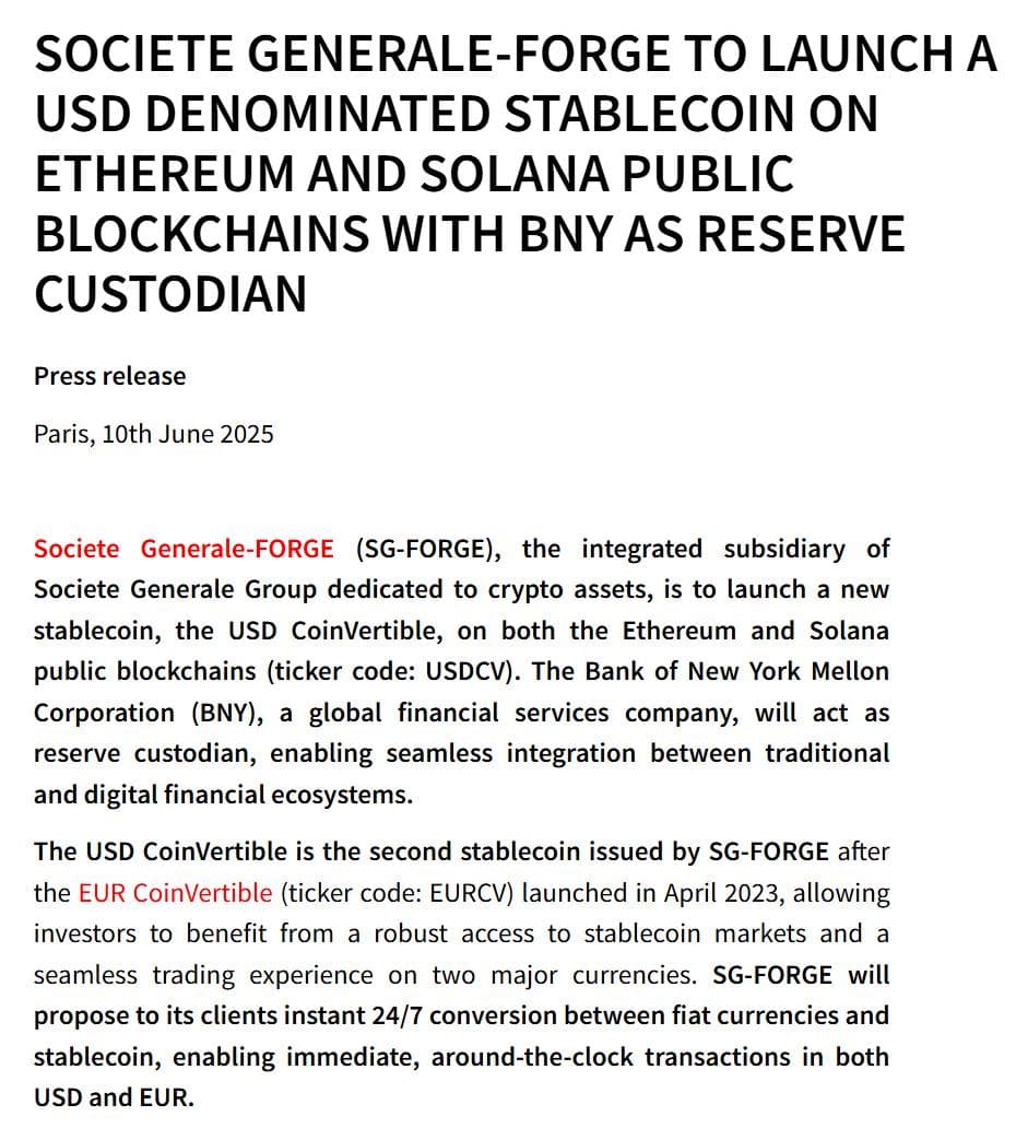 Societe Generale Launches USD CoinVertible Stablecoin With BNY Mellon, Trading in July