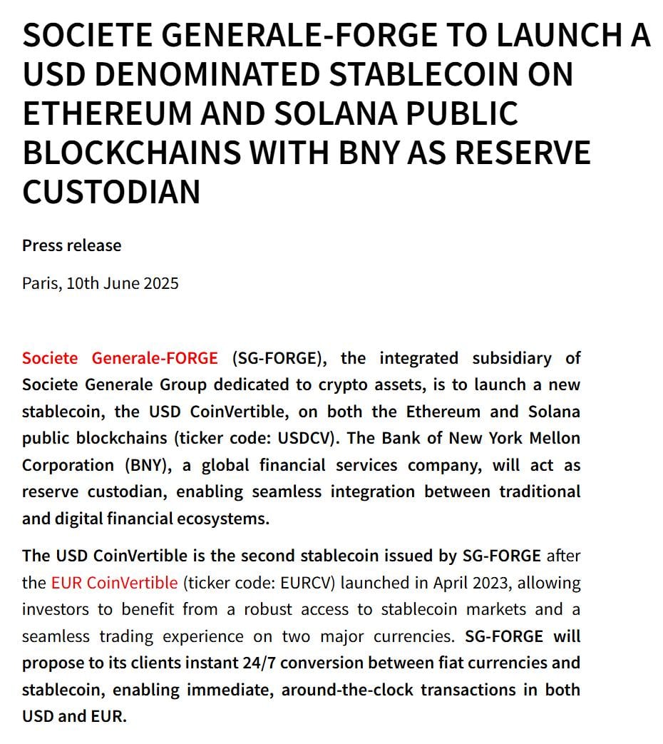 Societe Generale Launches USD CoinVertible Stablecoin With BNY Mellon, Trading in July
