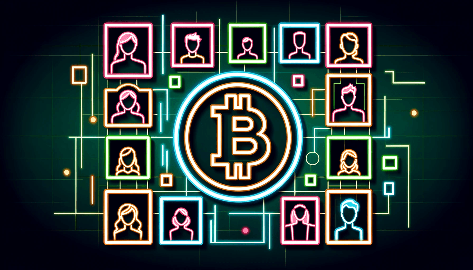 Bitcoin logo centered and surrounded by Polaroid-style portrait photos in a minimalist, neon color style.