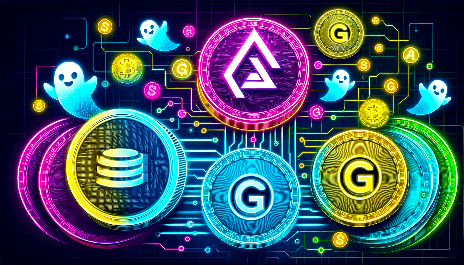 Gho coins and ghosts in neon colors