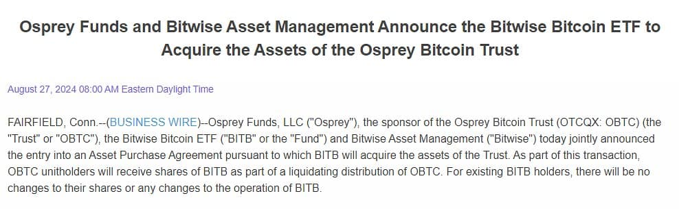 Bitwise Bitcoin ETF to Acquire Osprey Bitcoin Trust's $120 Million Assets