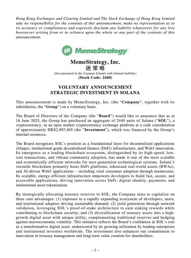 Hong Kong’s MemeStrategy Buys 2,440 SOL for HKD 2.9 Million, Shares Jump 20%