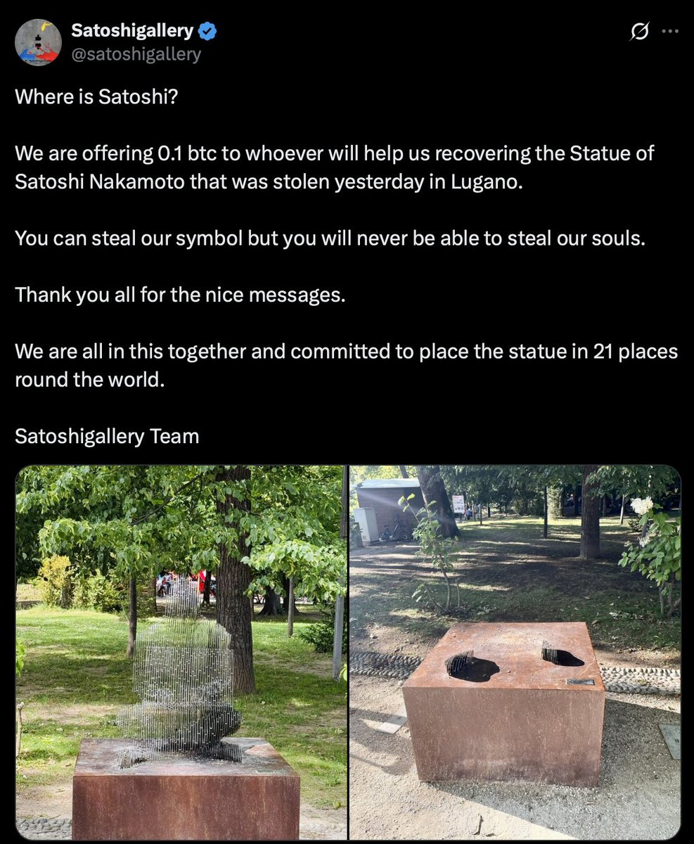 Satoshi Nakamoto Statue Stolen From Lugano’s Parco Ciani