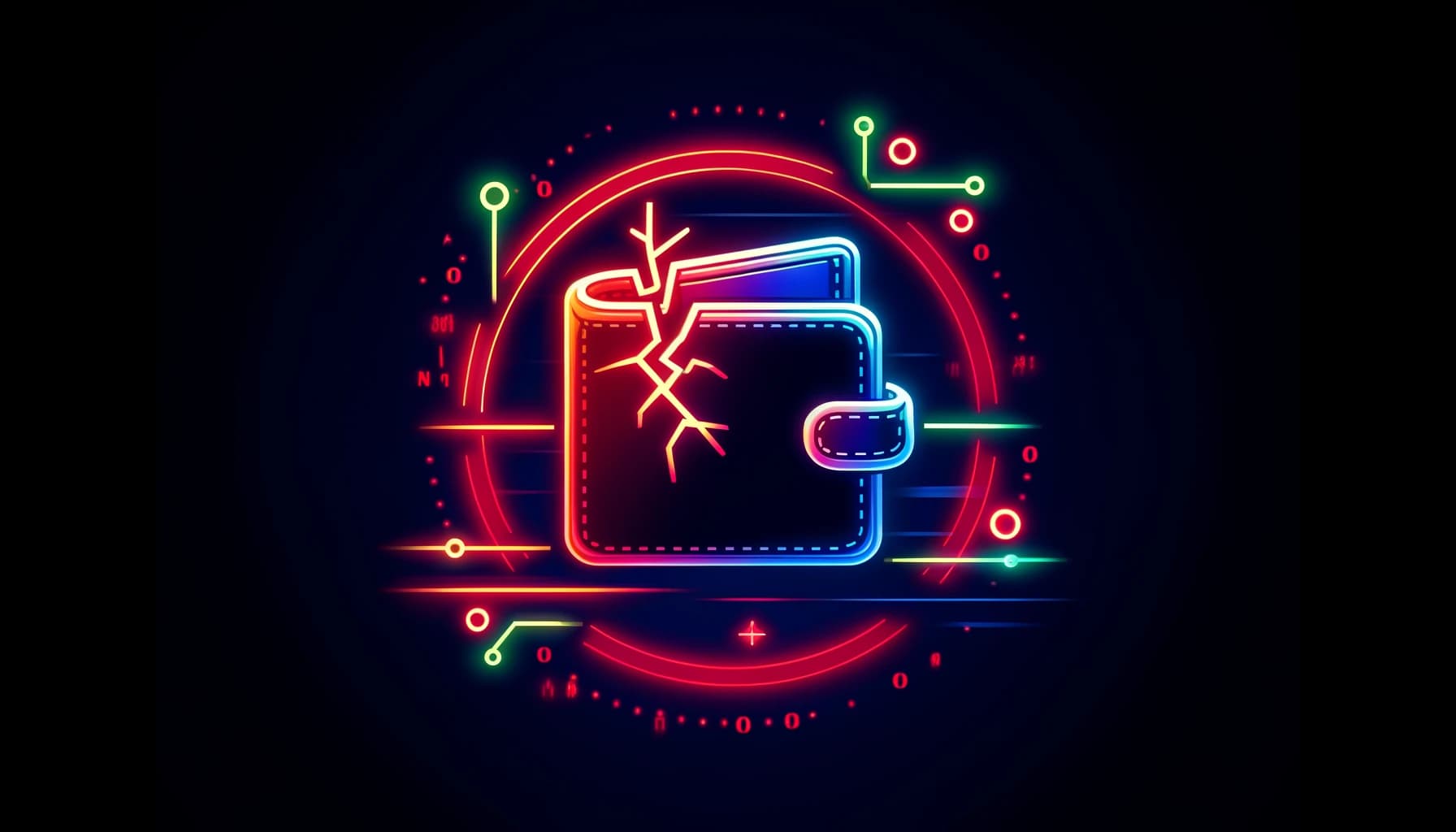 digital wallet with breach symbols and hacker elements
