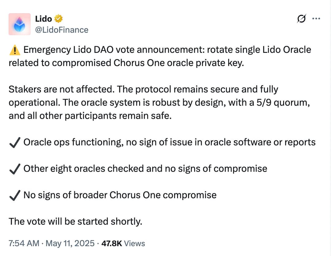 Lido DAO Initiates Emergency Vote to Replace Chorus One Oracle Node After 1.4 ETH Theft in 5-of-9 Multisig System