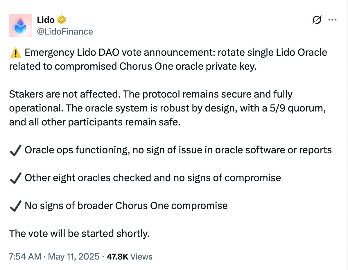 Lido DAO Initiates Emergency Vote to Replace Chorus One Oracle Node After 1.4 ETH Theft in 5-of-9 Multisig System