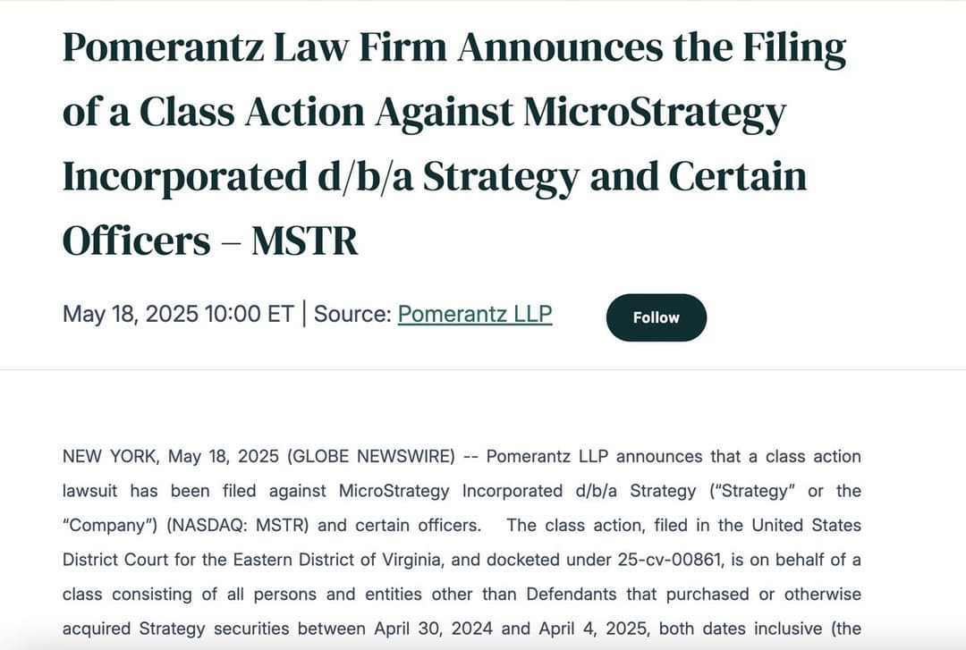 MicroStrategy and Michael Saylor Sued Over Misleading Bitcoin Strategy, $5.9B Loss and $765M BTC Purchase