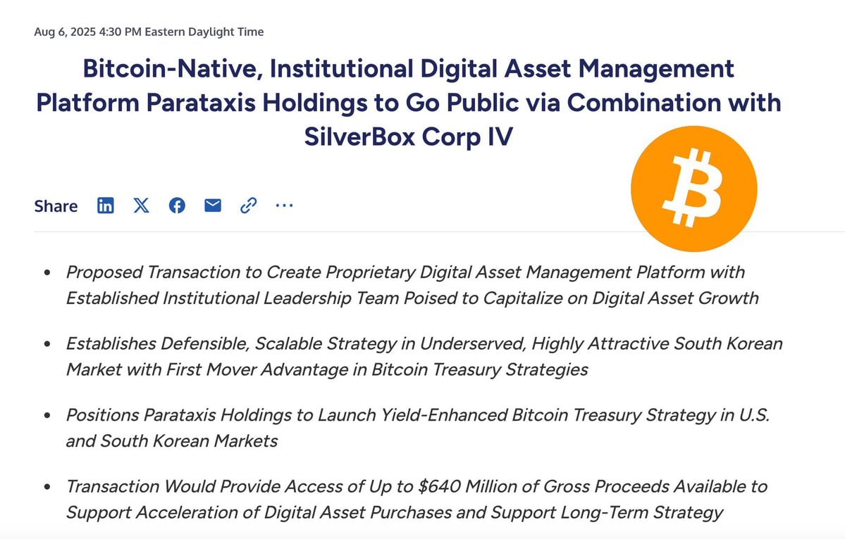 Parataxis Merges With SilverBox SPAC in $640 Million Bitcoin Treasury Push