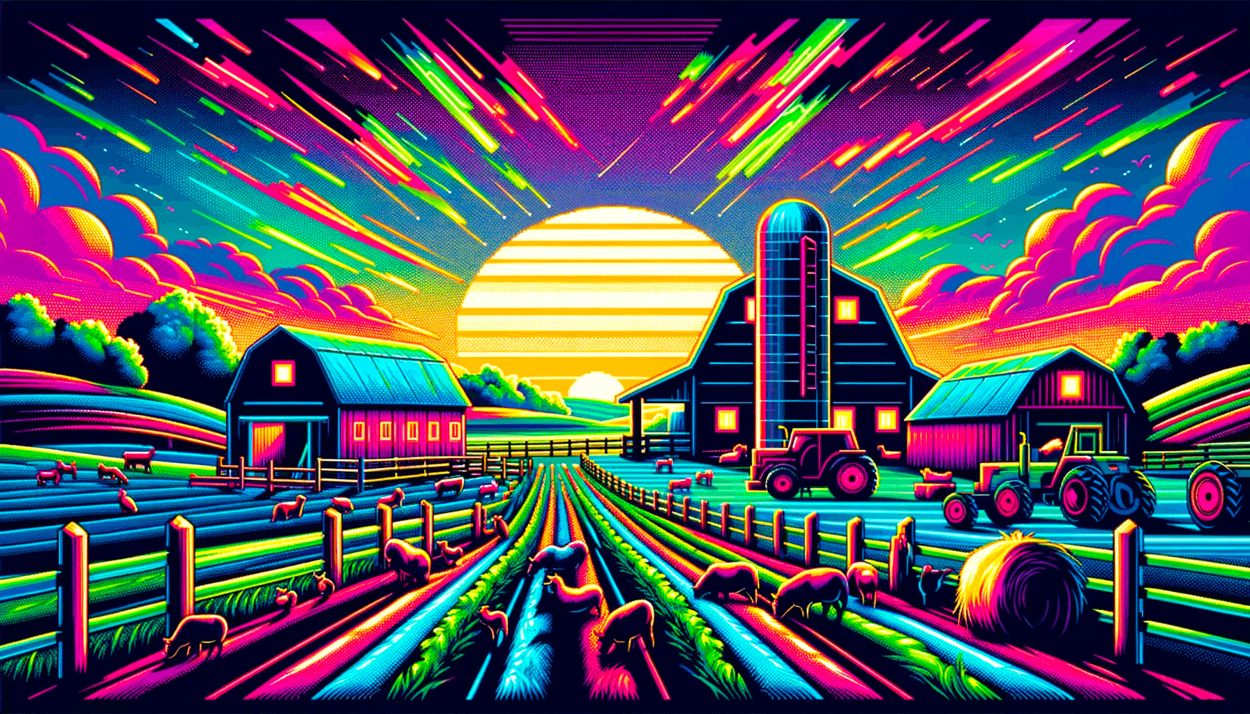 pixelated farm scene with vibrant neon colors